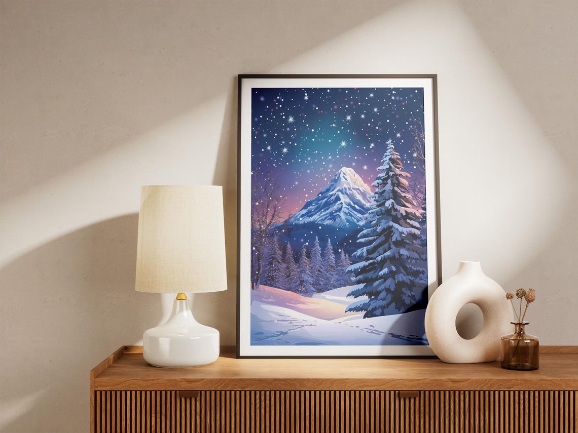 Snowy Mountain Peak Glowing Under a Starry Night Sky Winter Poster - Image 5
