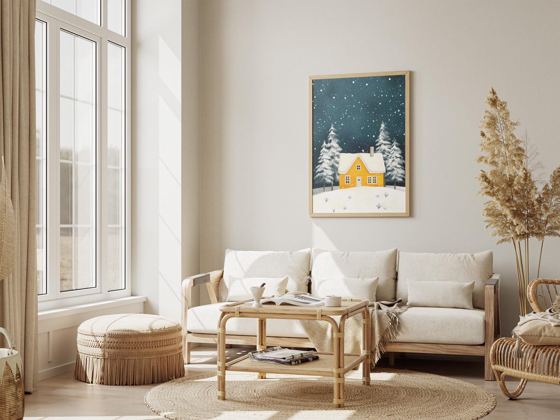 Bright Yellow Cottage Snowy Night Winter Forest Cabin Poster - Image 4