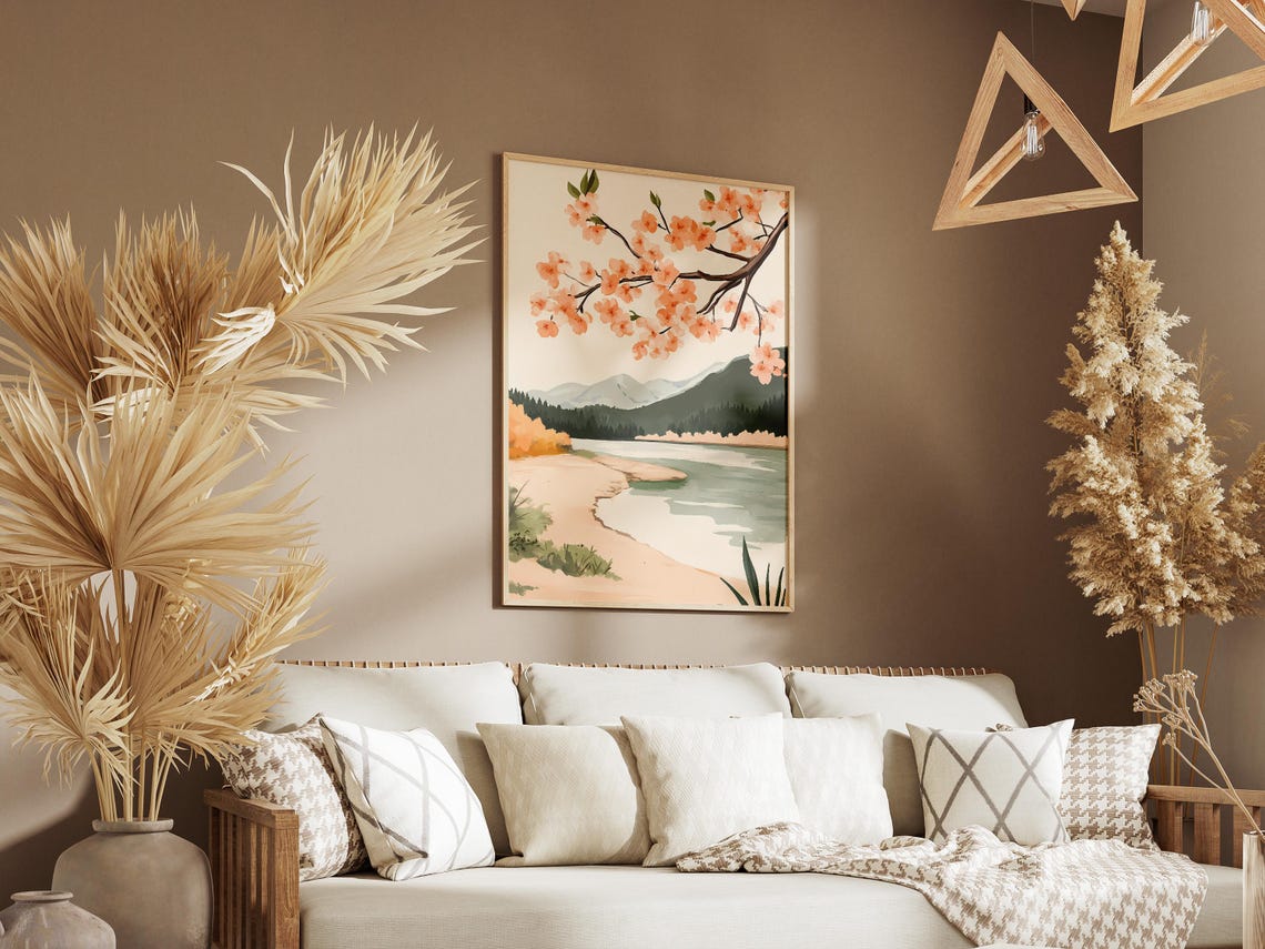 Cherry Blossom Branch Over Mountain Lake Landscape Art Poster - Image 3