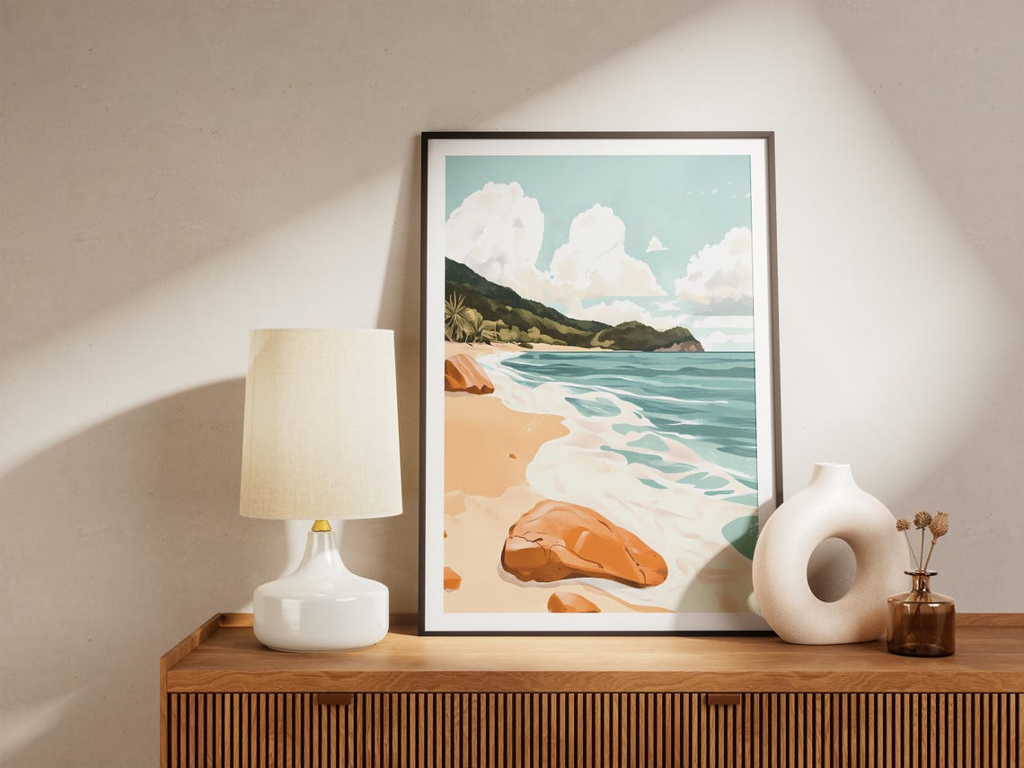 Turquoise Wave Beach Orange Boulder Green Headland Scene Poster - Image 5