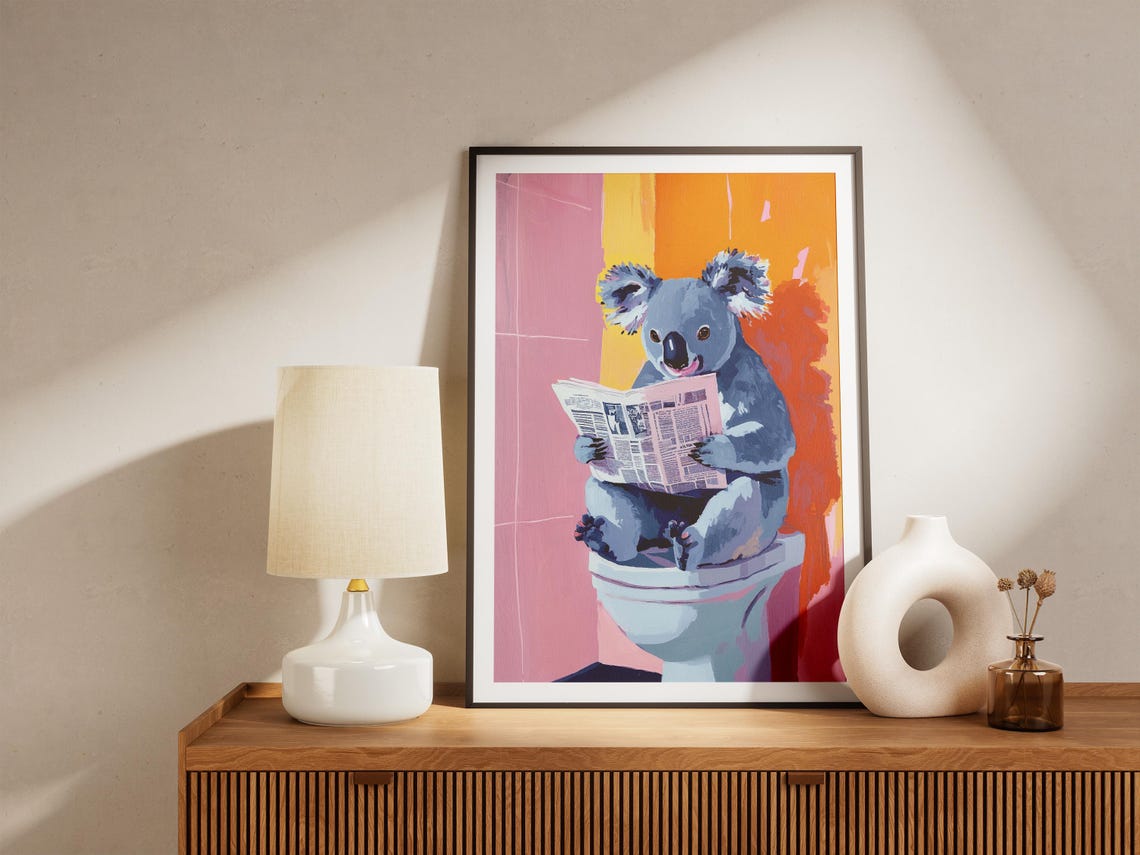 Adorable Koala Reading Newspaper On Toilet Pink Bathroom Poster - Image 5