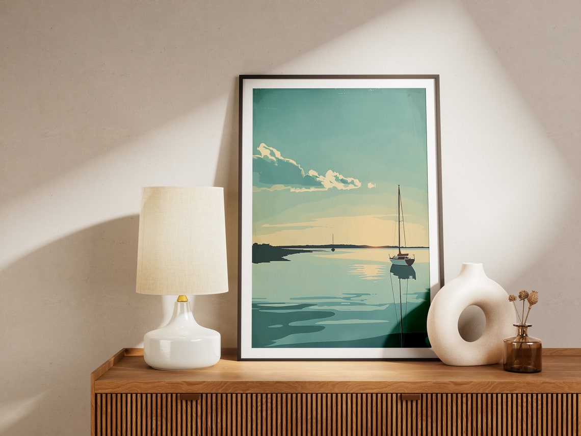 Sailboat Sunset Calm Sea Teal Minimalist Vintage Coastal Poster - Image 2