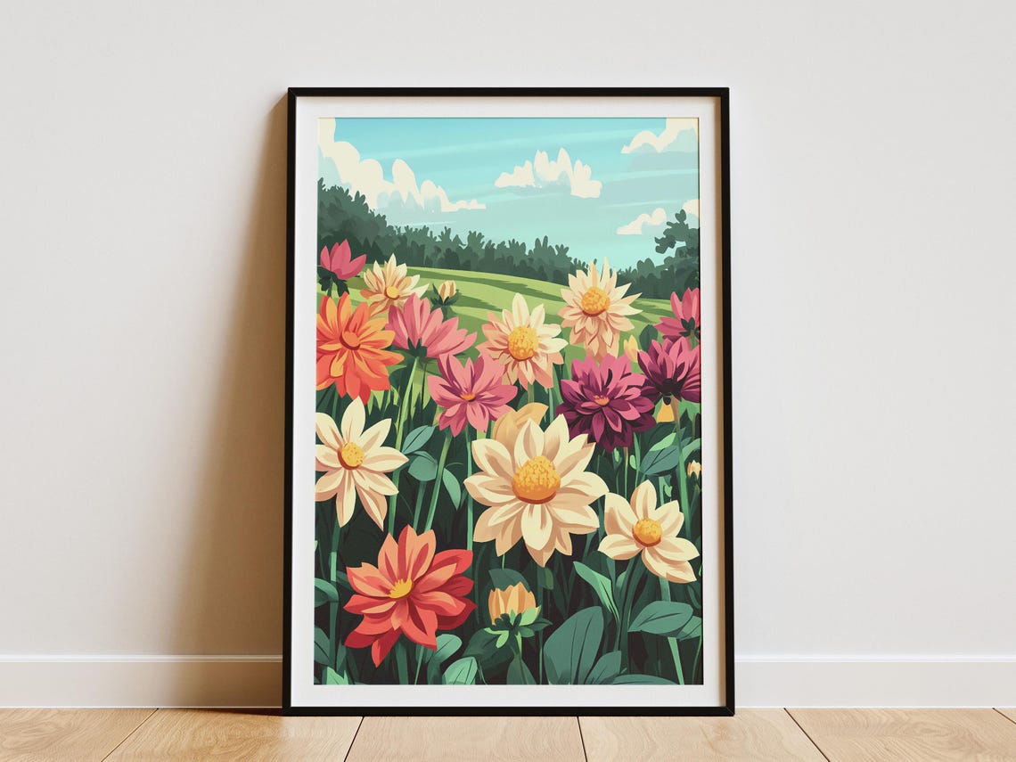 Colorful Dahlia Meadow Summer Garden Botanical Flower Poster