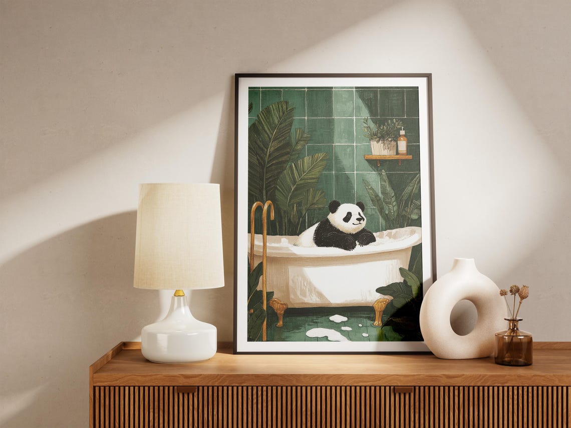 Serene Panda In White Clawfoot Tub Green Jungle Bathroom Poster - Image 5