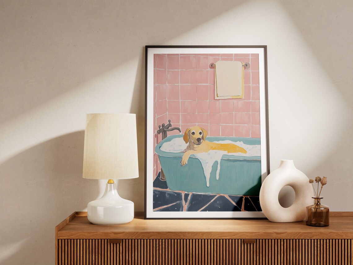 Golden Retriever Puppy in Bathtub Pink Bathroom Funny Dog Poster - Image 5