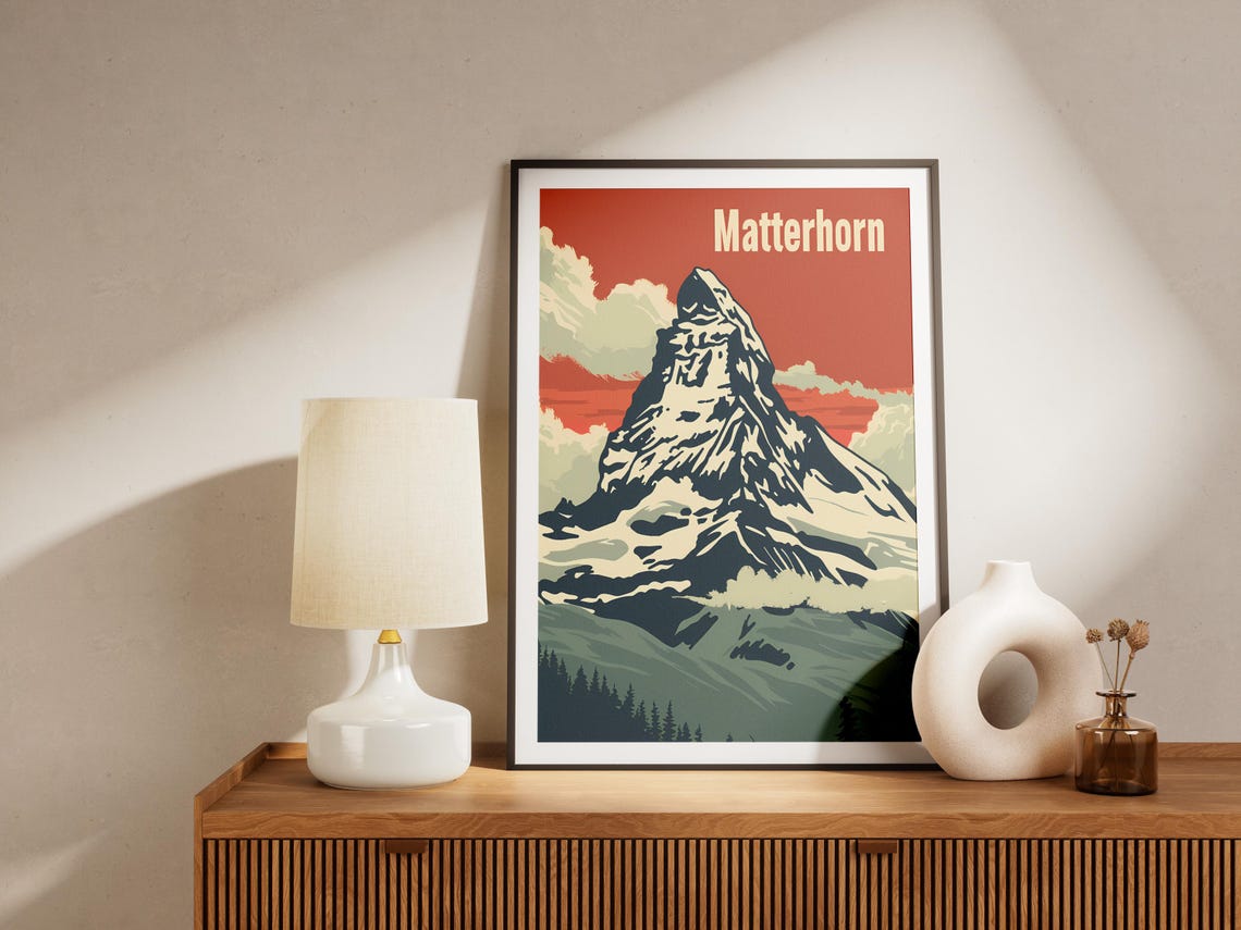Matterhorn Iconic Pyramid Swiss Alps Red Sky Vintage Travel Poster - Image 2