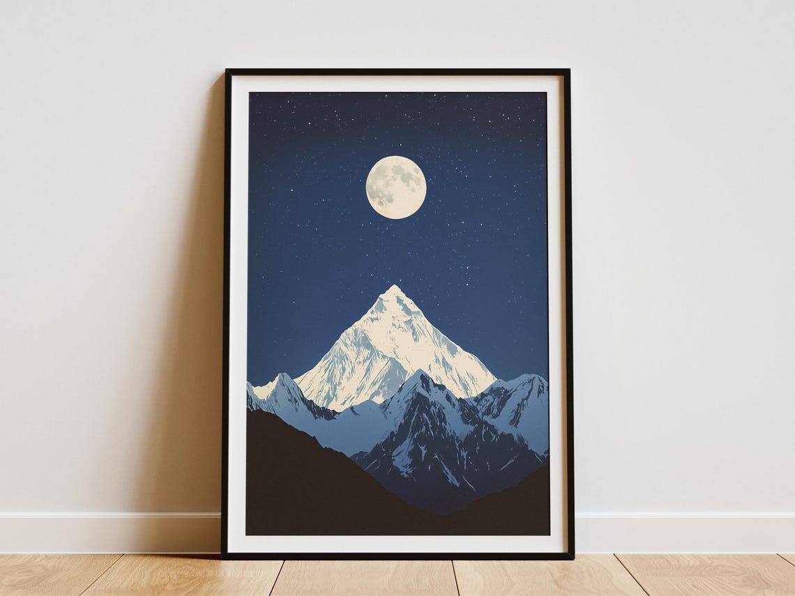 Mount Everest Nepal Full Moon Starry Night Snowy Himalayan Peak Poster