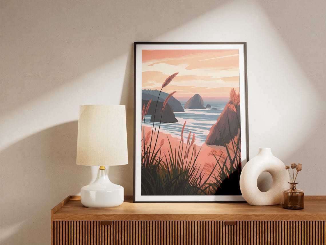 Pink Beach Grasses Framing Rocky Sea Stacks at Sunset Poster - Image 5