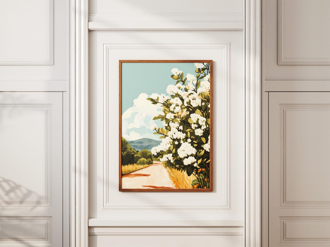Country Road Lined with White Hydrangea Bushes Summer Poster - Image 2