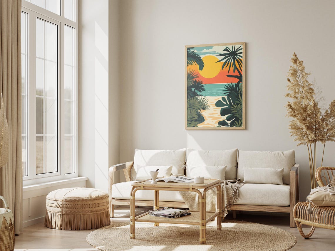 Tropical Beach Sunset Framed By Palm Leaves Vintage Art Poster - Image 4