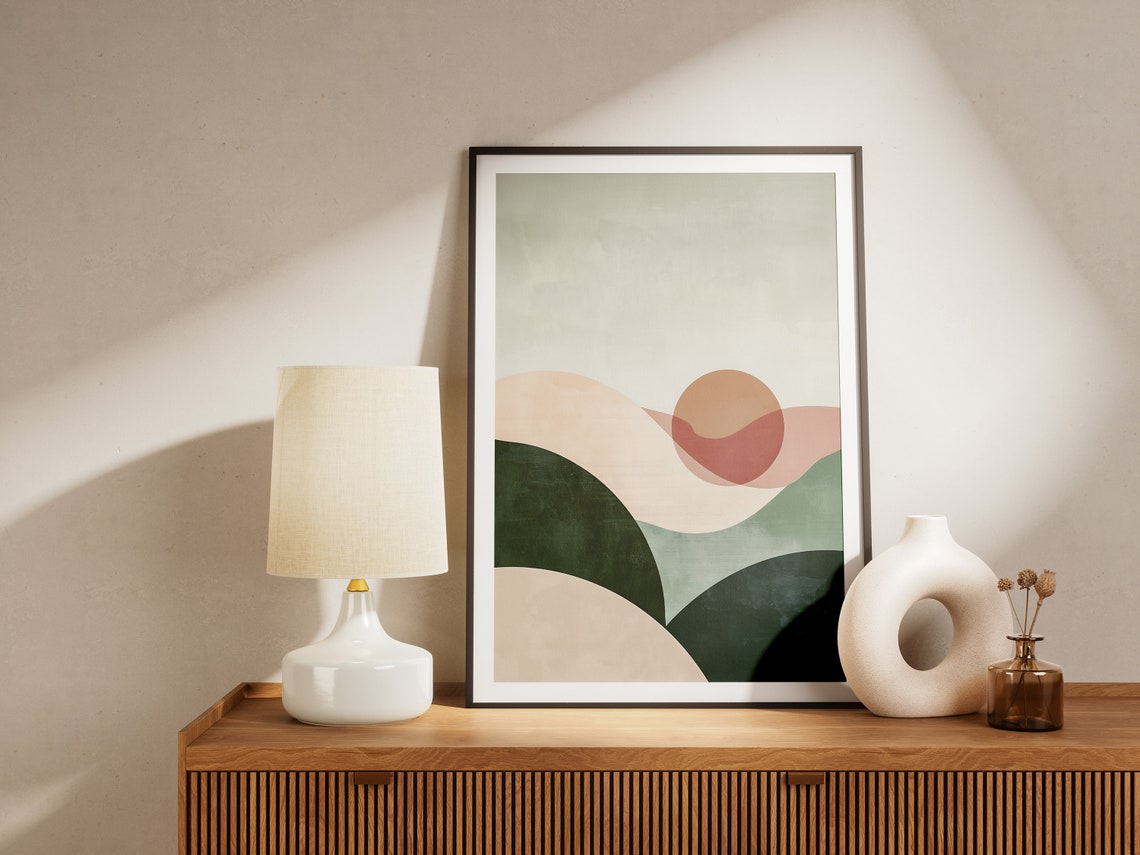Green Hills and Blush Sun Abstract Geometric Landscape Poster - Image 2