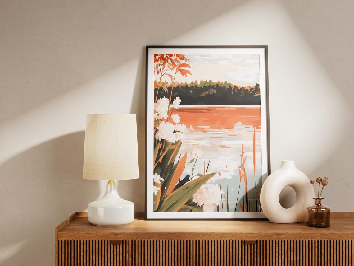 Lake Sunset With White Flowers And Orange Leaves Nature Poster - Image 5