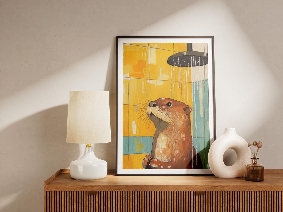 Otter Enjoying Running Shower Yellow Tile Bathroom Fun Poster - Image 5