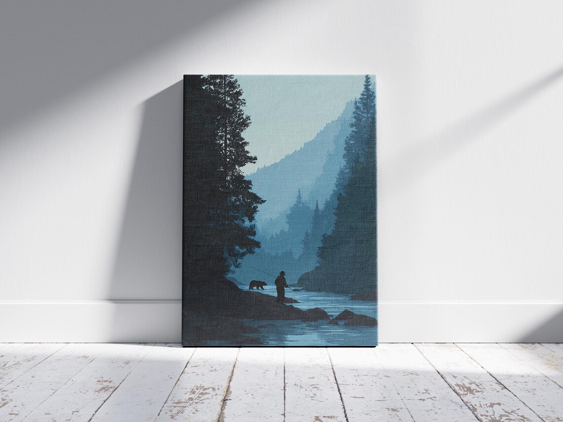 Misty Mountain River With a Bear and Fisherman Silhouette at Dusk Poster - Image 2