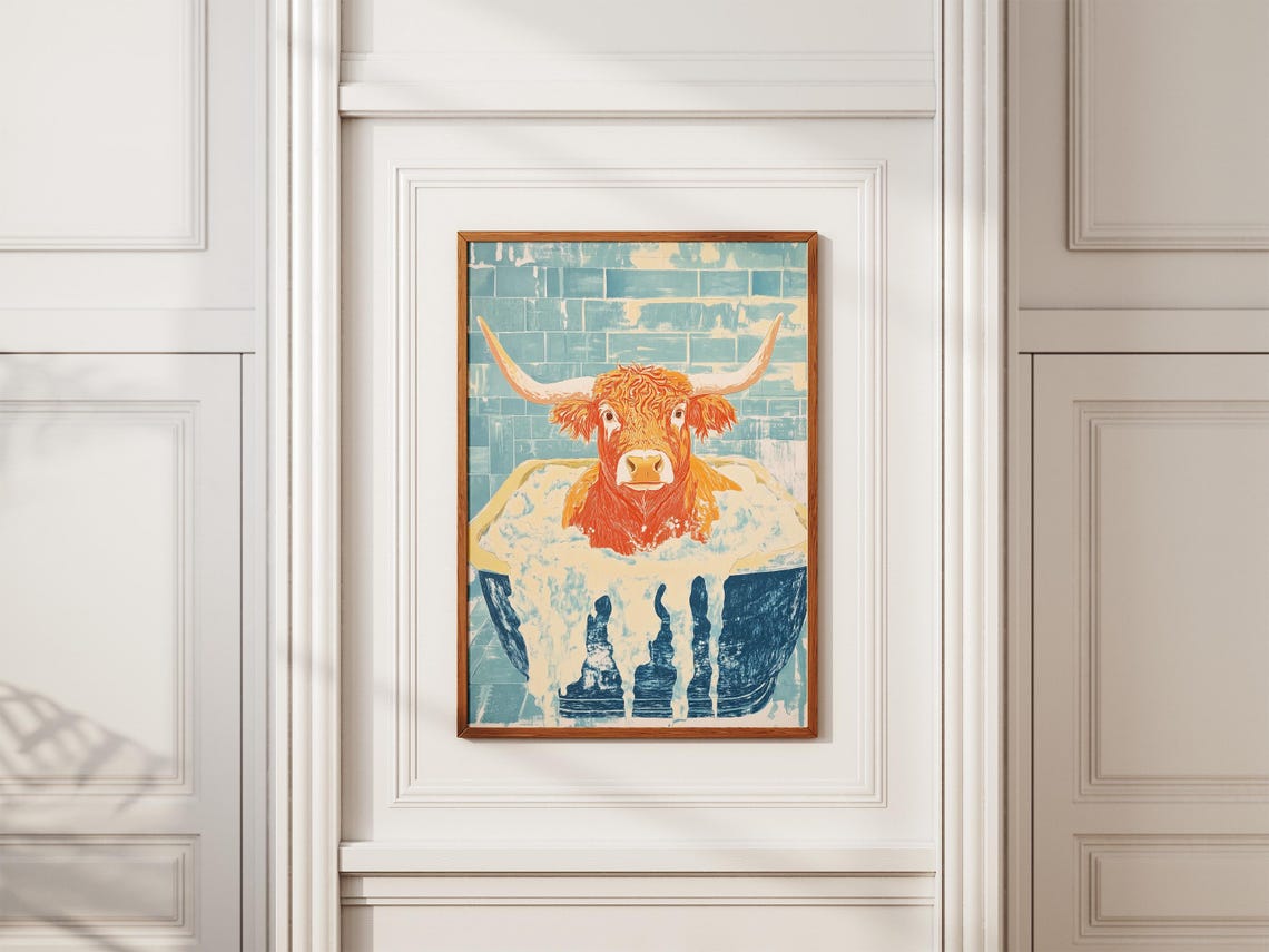 Highland Cow In A Bubble Bath Teal Tile Funny Bathroom Poster - Image 2