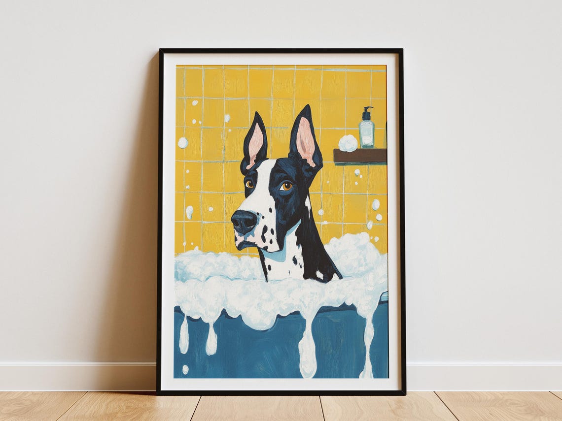 Fun Big Great Dane Bubble Bath Yellow Tile Pop Art Dog Poster