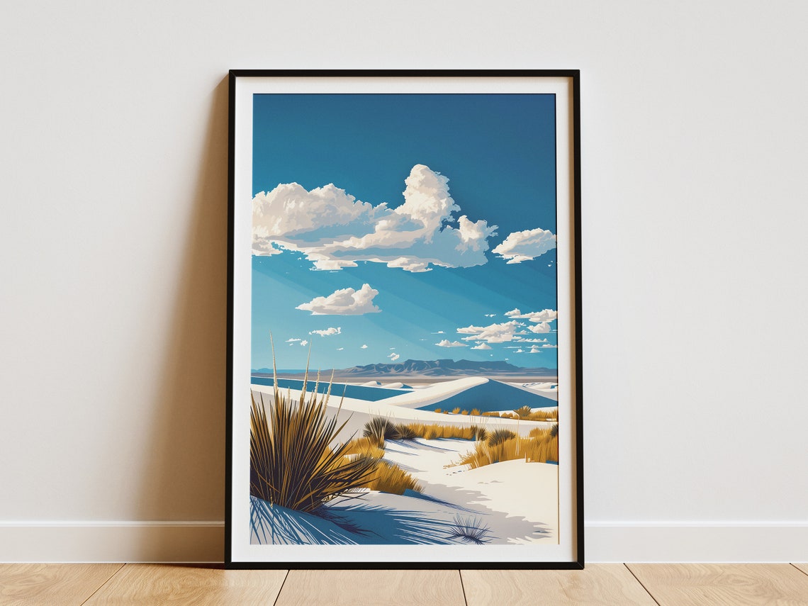 White Sand Dunes and Golden Yucca Under Bright Blue Sky Poster