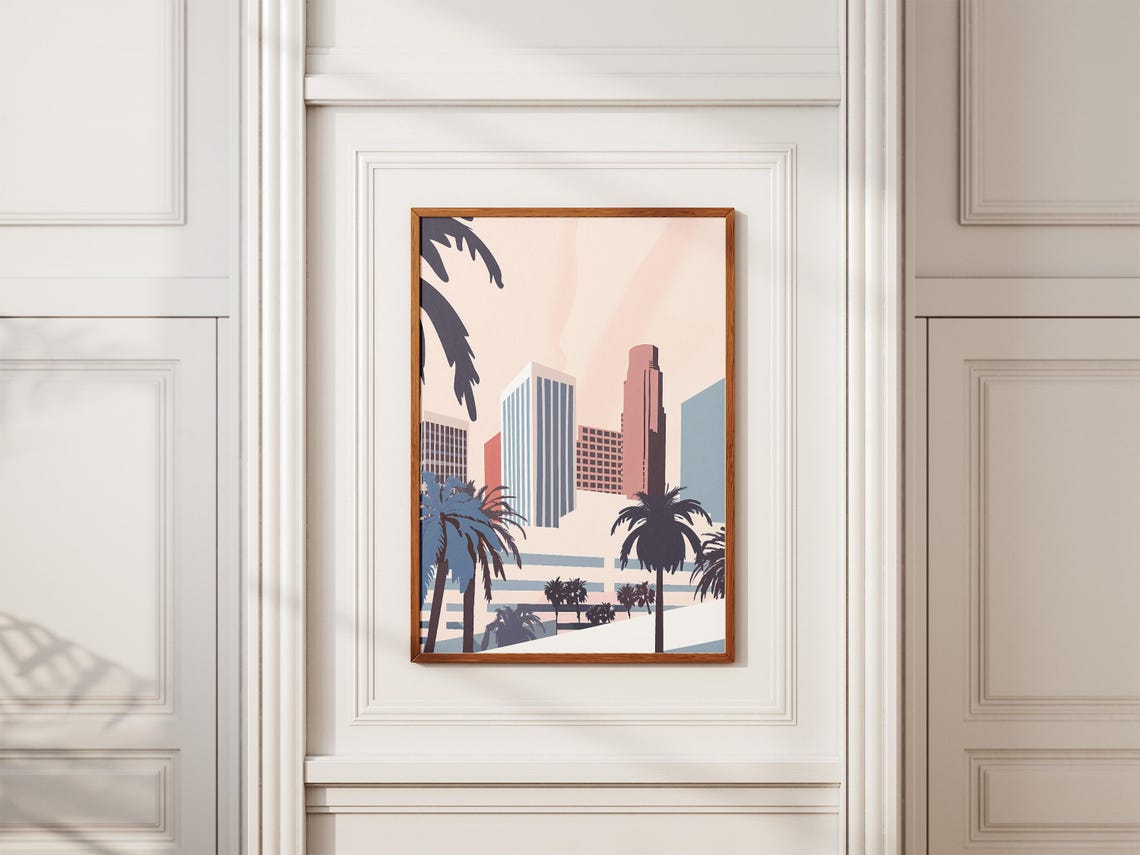 Los Angeles City Skyline with Navy Blue Palm Trees at Day Poster - Image 2