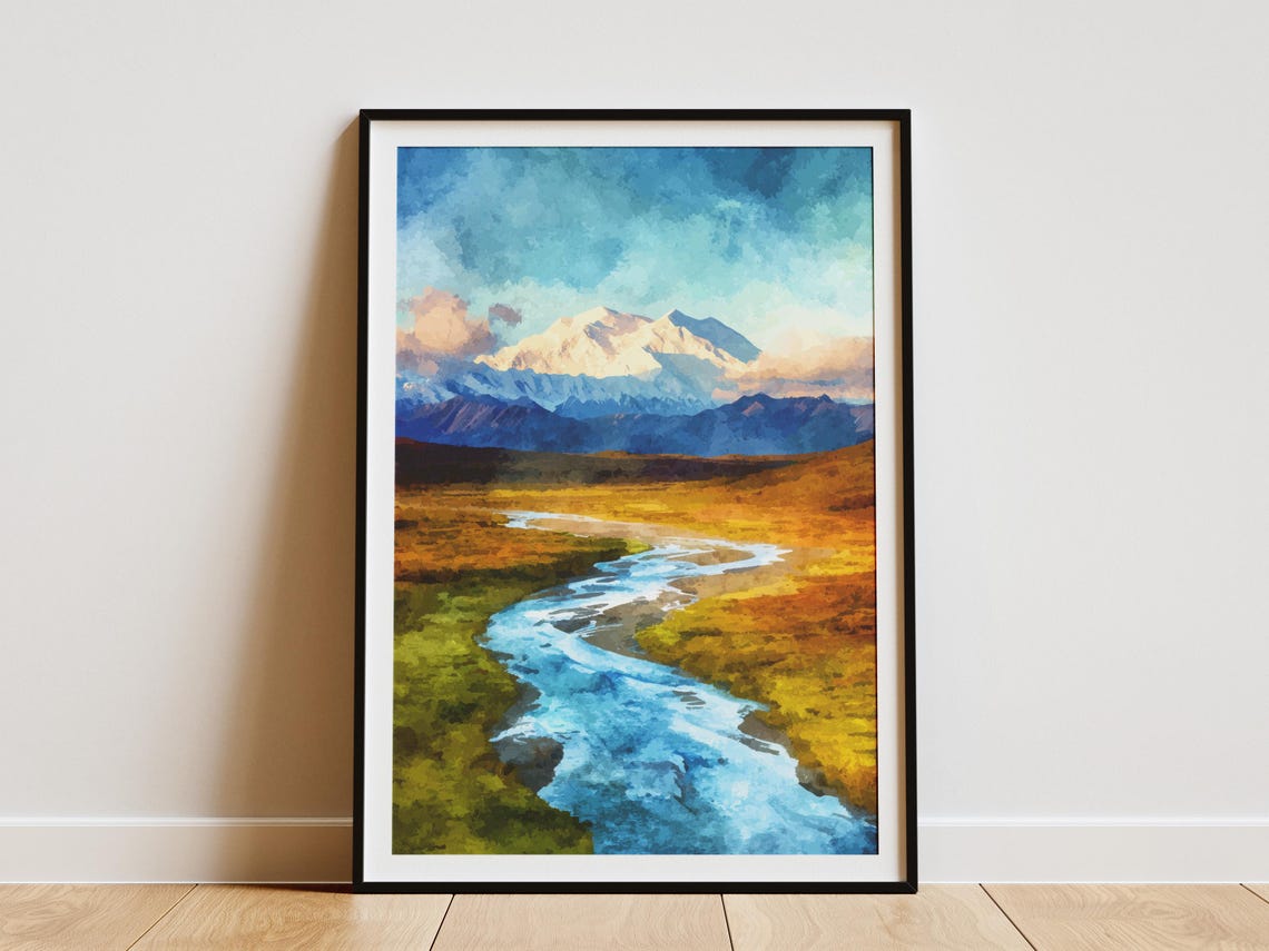 Denali National Park Alaska Snowy Peak Golden Tundra Art Poster