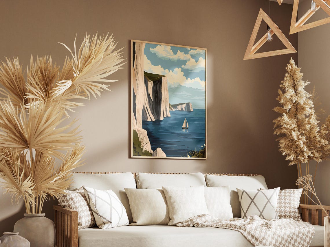 White Chalk Cliffs Sailboat Blue Sea Coastal Landscape Poster - Image 3