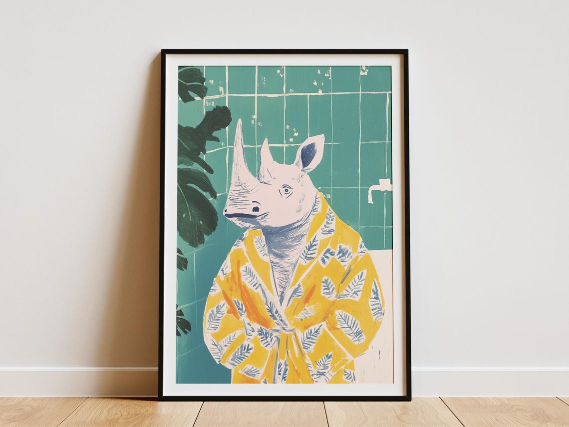 Elegant Rhino In Yellow Leaf Bathrobe Whimsical Bathroom Poster