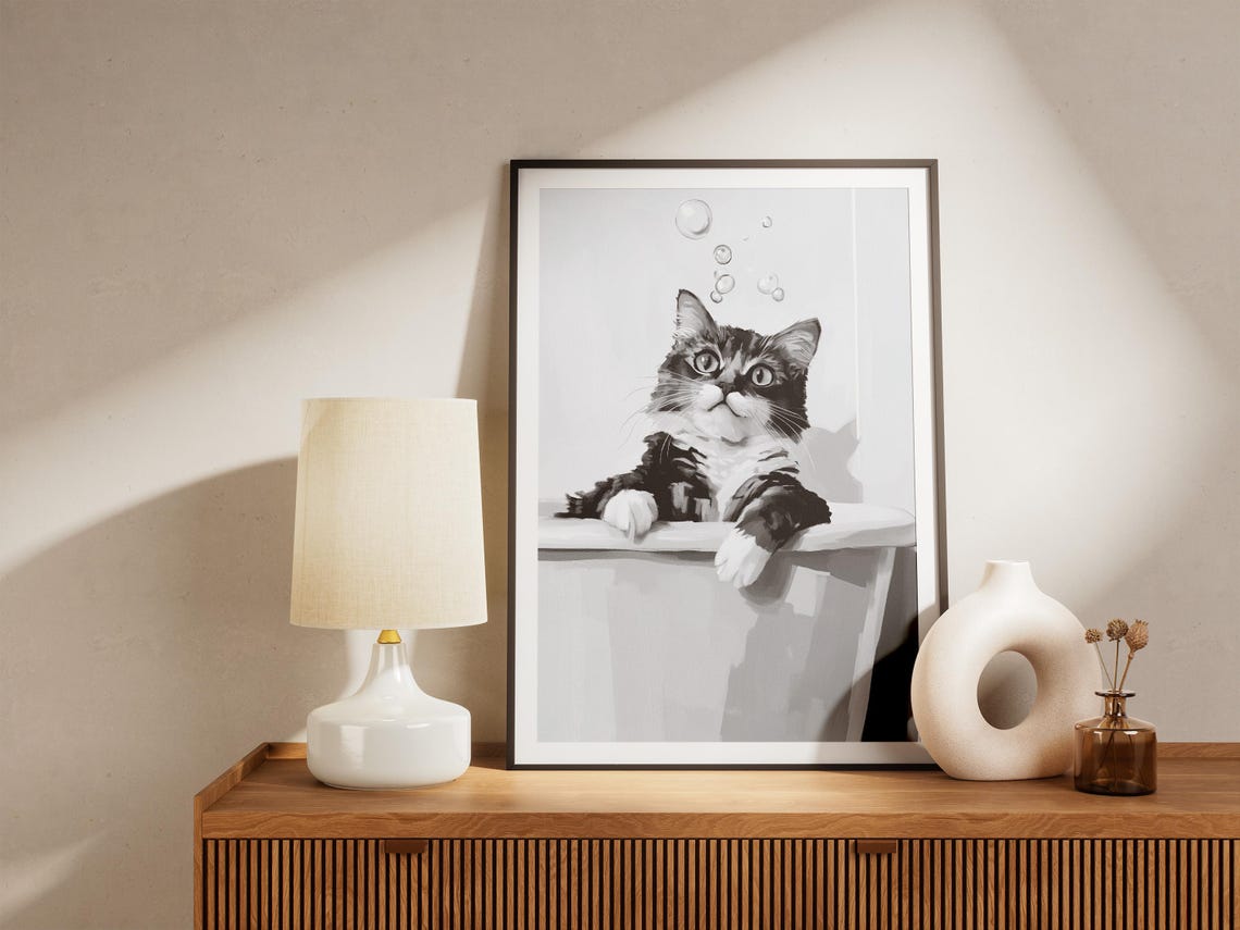 Cute Tabby Cat Playful Bubble Bath Minimalist Kitten Fun Poster - Image 4