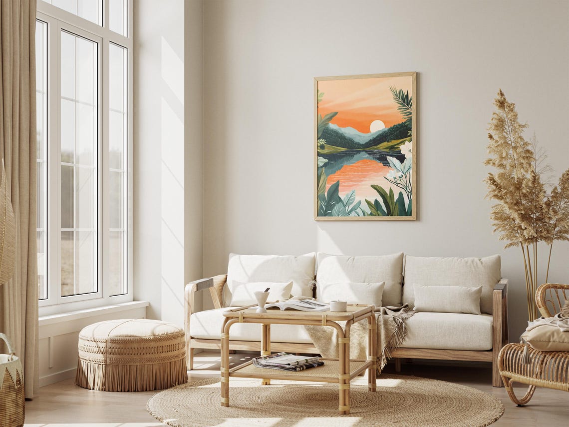 Tropical Sunset Lake With Orange Sky Modern Botanical Poster - Image 4