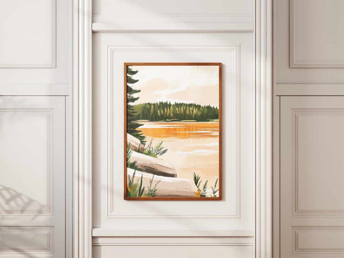 Warm Golden Hour Lake With A Rocky Pine Shore Landscape Poster - Image 2