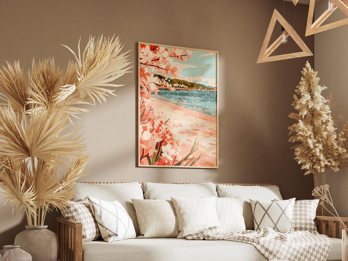 Cherry Blossoms Over a Peach-Sand Turquoise Beach Scene Poster - Image 3