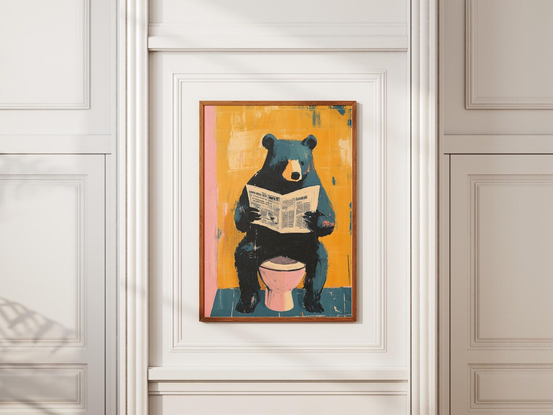 Humorous Bear On Toilet Reading Newspaper Art Print - Image 2