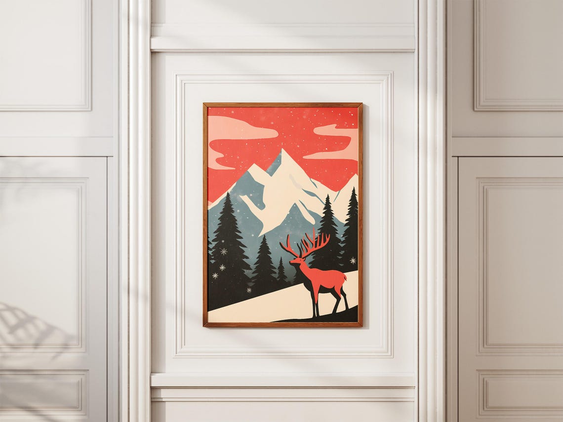 Denali Red Elk Standing in Snow Under a Deep Red Sky Art Poster - Image 2
