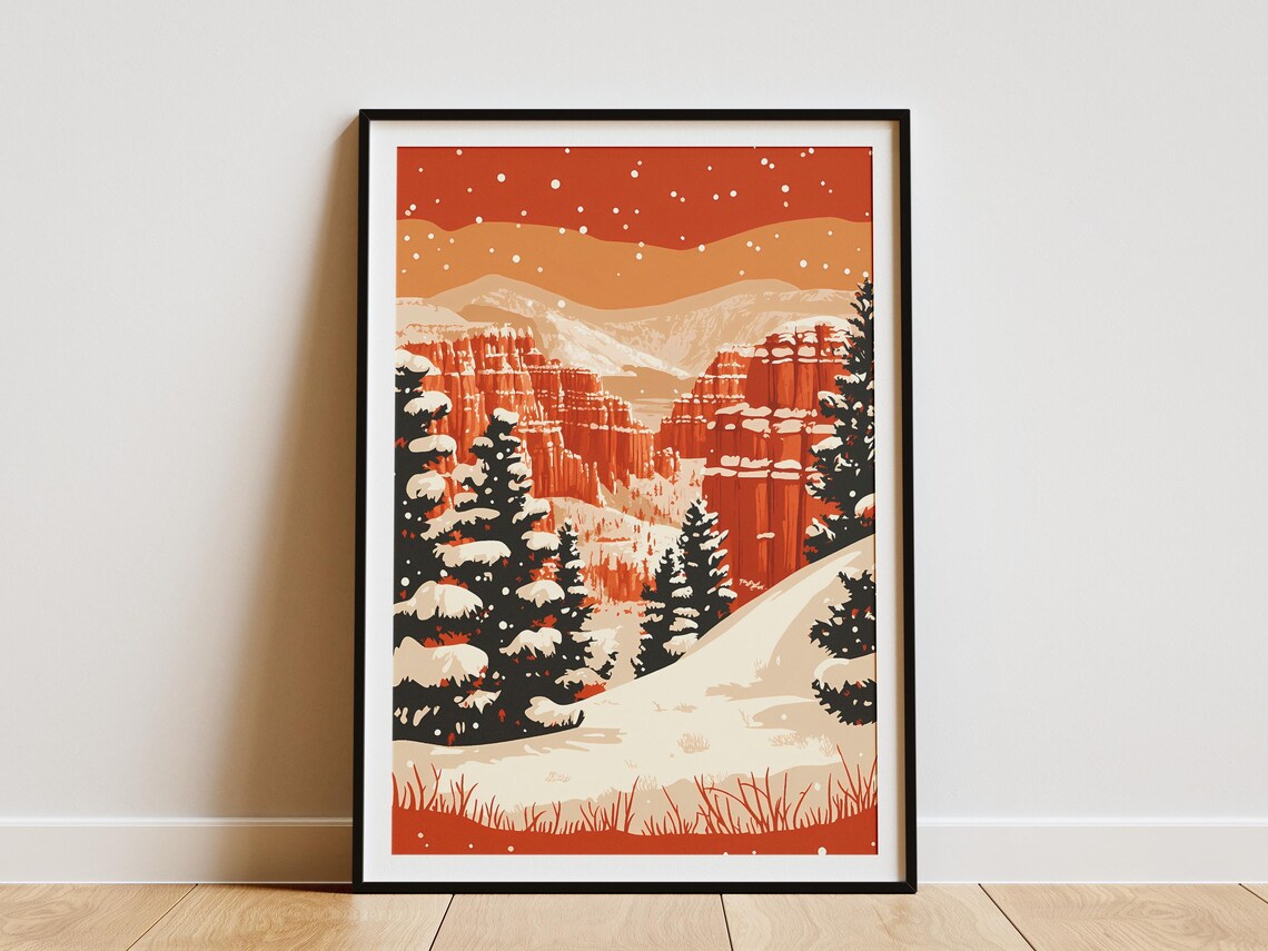 Bryce Canyon National Park Winter Snow Poster Vintage Travel Poster Red Rock Canyon Landscape Art Print Utah National Park Wall Art Decor