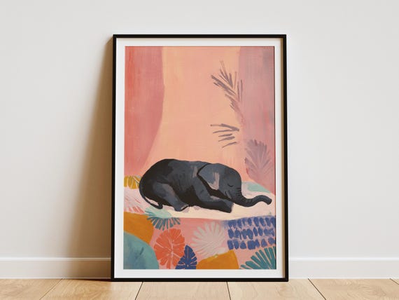 Matisse Style Sleeping Elephant Art Print Cute Nursery Wall Decor Playful Animal Bedroom Poster Abstract Pink Blue Painting For