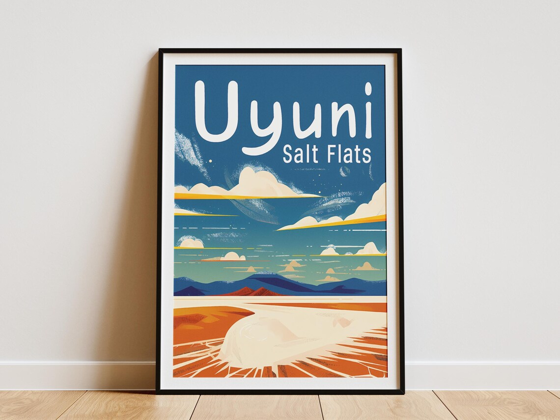 Uyuni Salt Flats Bolivia Vintage Blue Sky Retro Travel Poster