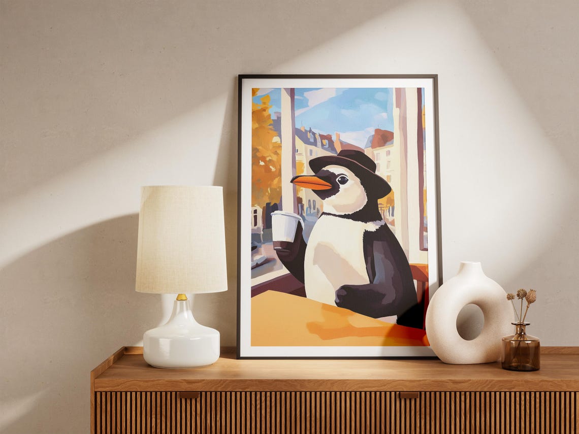 Penguin Coffee Poster Cute Animal Cafe Wall Decor Whimsical Gift - Image 4