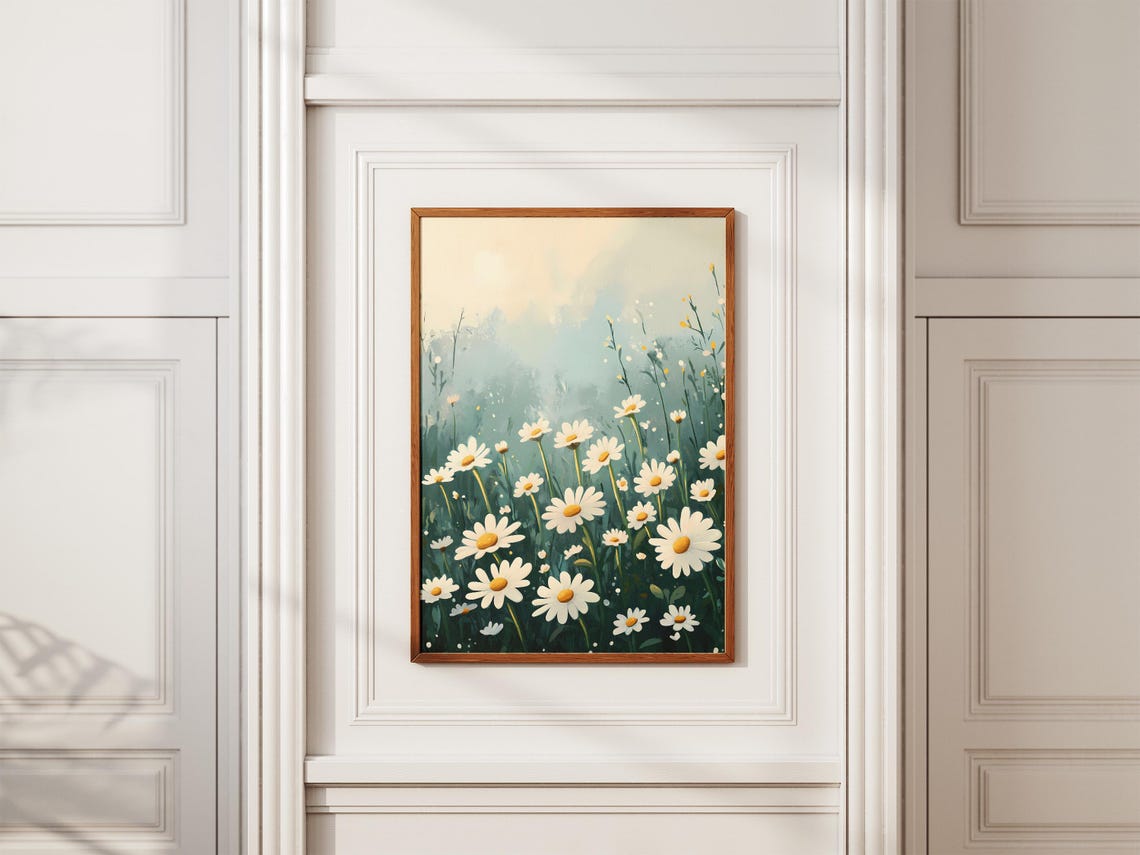 White Daisies Misty Pale Meadow Calm Botanical Flower Poster - Image 2