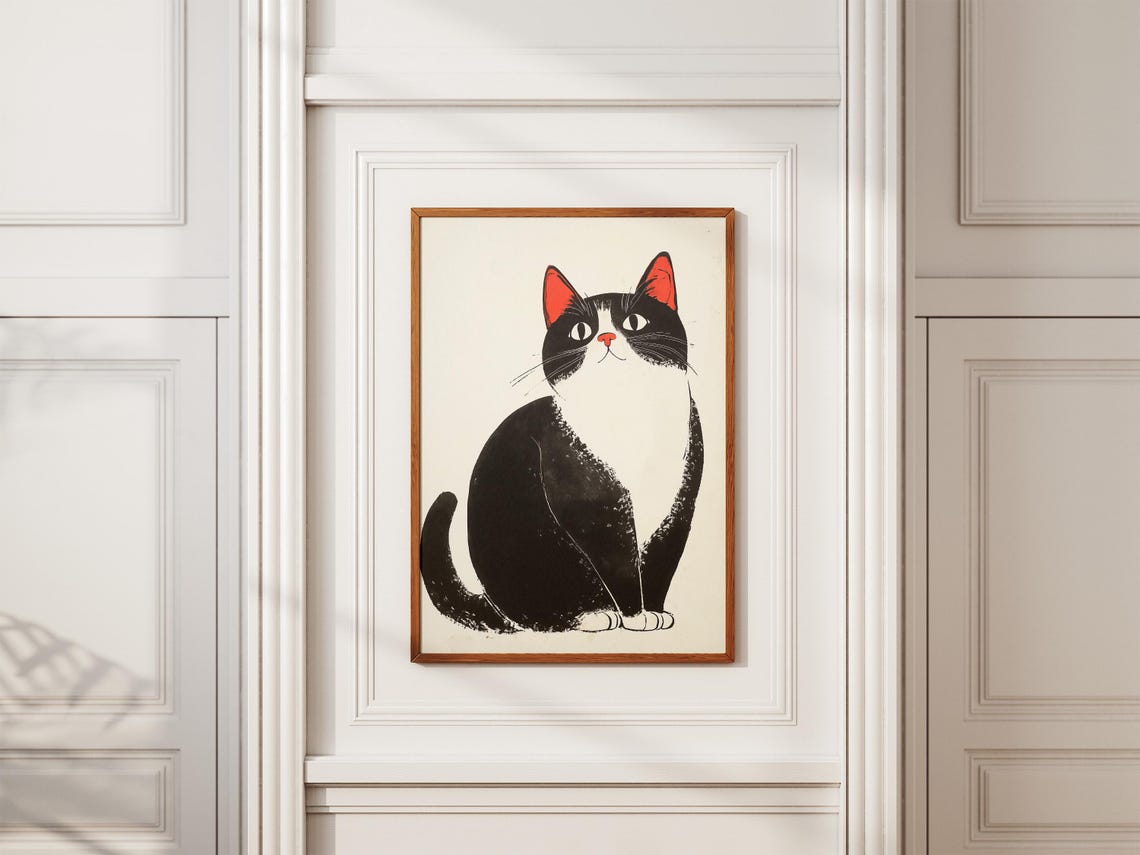 Black and White Cat with Red Ears Japanese Woodcut Style Art Poster - Image 2