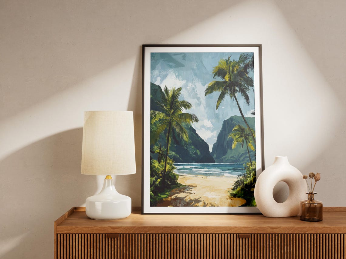 Tropical Beach with Palm Trees Green Cliffs Ocean Escape Poster - Image 4