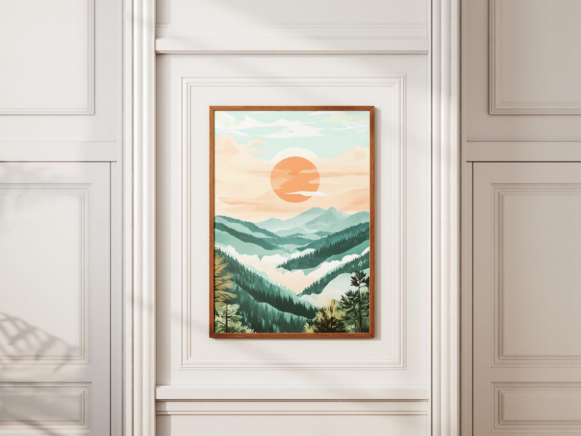 Big Orange Sun Rising Over Misty Forest Ridges at Dawn Poster - Image 2