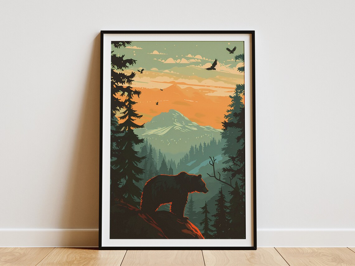 Mountain Bear Print, Mid-Century Modern Forest Poster