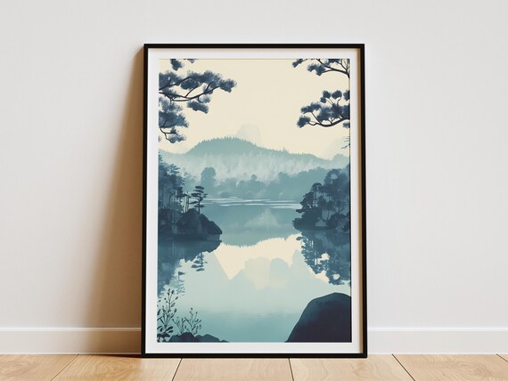 Misty Lake Forest Poster Teal And Beige Nature Print Modern Landscape Art Calm Water Scene Serene Wall Decor Abstract Minimalist Print