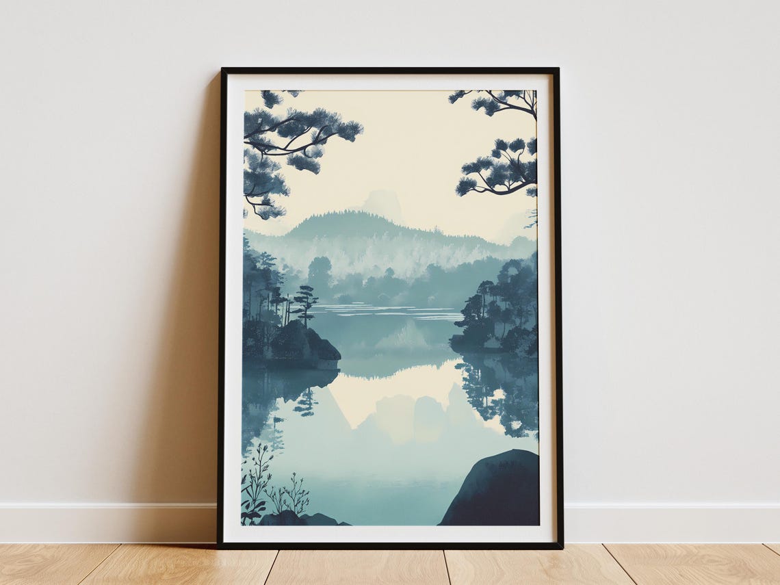 Teal Misty Lake Mirror Reflection Pine Forest Calm Scene Poster
