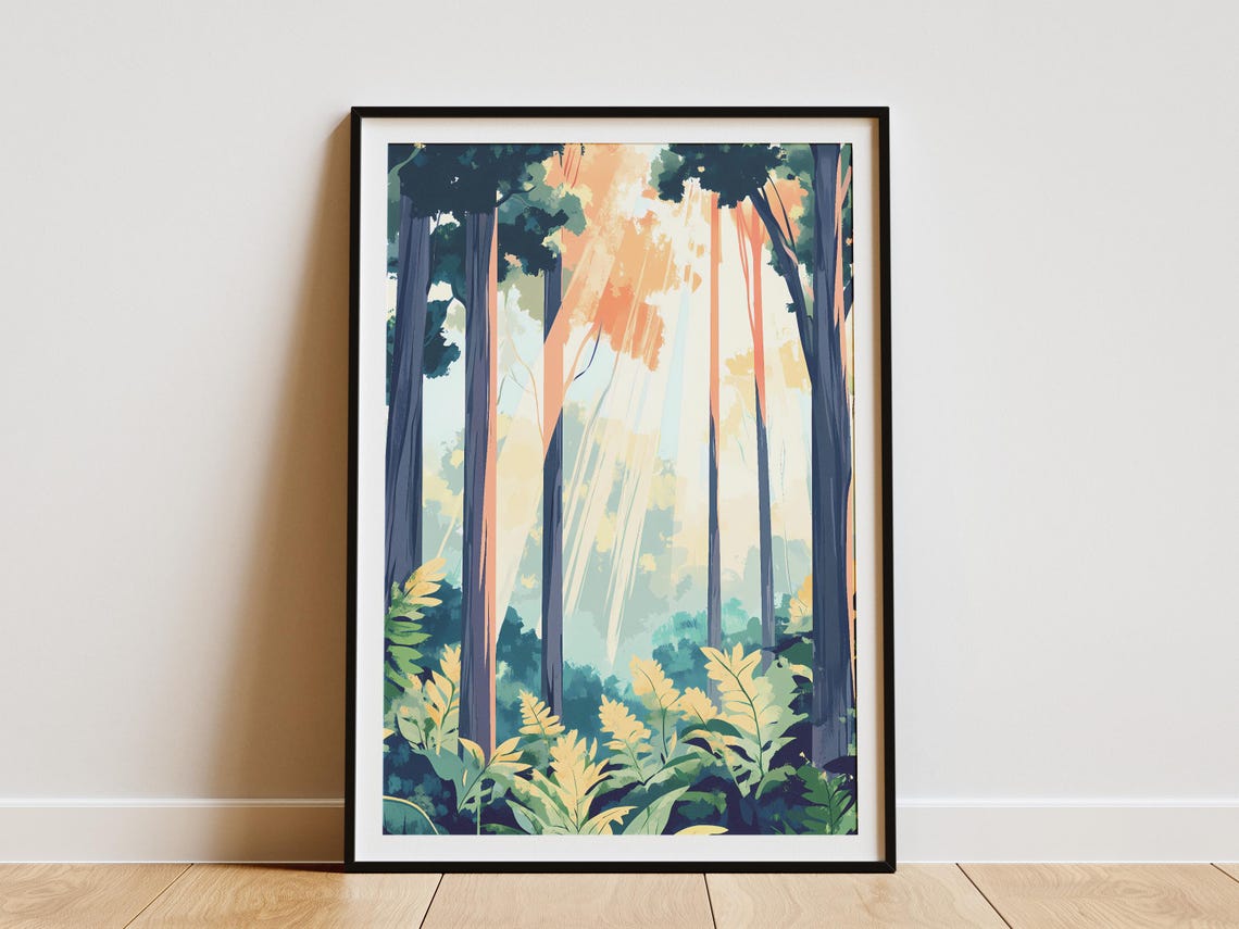 Sunlight Streaming Through Tall Pine Forest Fern Floor Poster