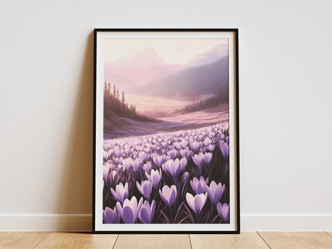 Endless Purple Crocus Valley Under Misty Morning Mountains Poster