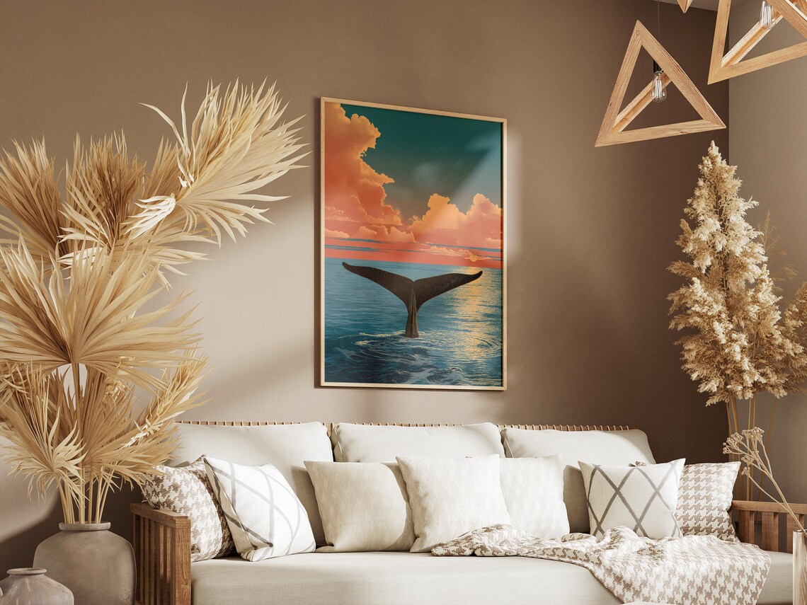 Whale Tail Sunset Dive Calm Ocean Golden Sky Marine Art Poster - Image 3