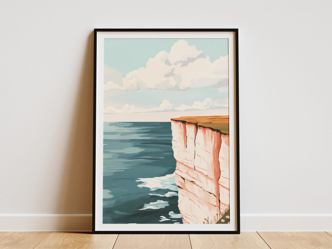White Coastal Cliffs Over Teal Ocean Minimal Seascape Art Poster