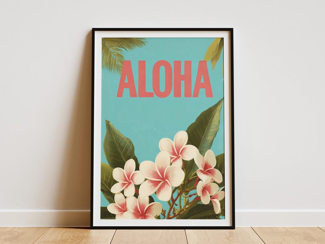 Aloha Plumeria Flower Typography Turquoise Tropical Island Poster