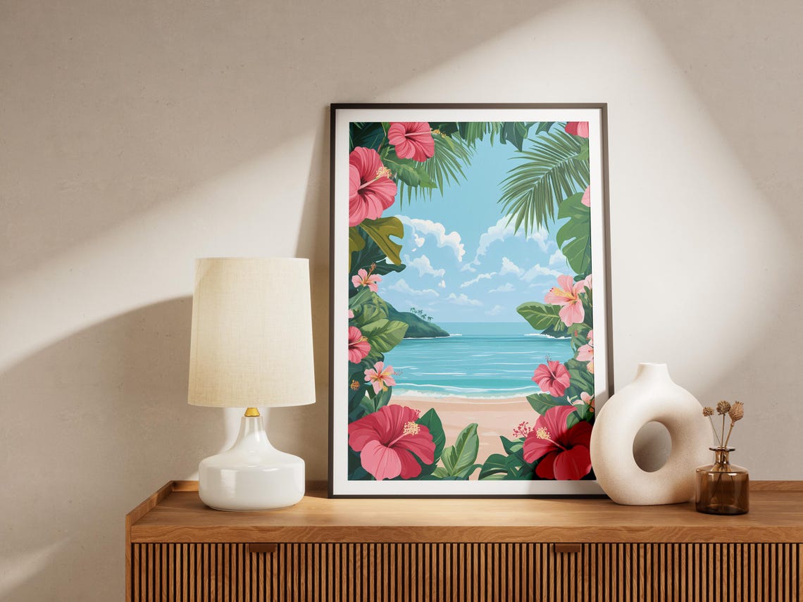 Pink Hibiscus Flowers Framing A Tropical Beach View Art Poster - Image 4