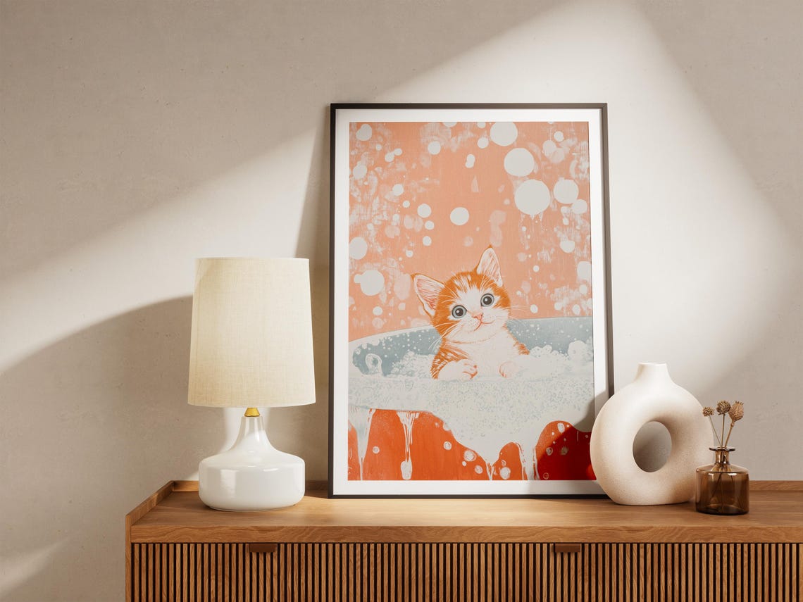 Sweet Ginger Kitten in Bubbly Bath Warm Peach Bubbles Art Poster - Image 4