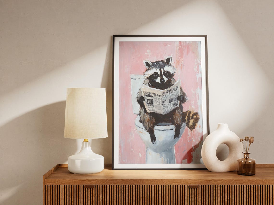 Raccoon Toilet Newspaper Painting Animal Print Funny Bathroom Decor Modern Art Poster Cute Raccoon Gift Pink Wall Art Whimsical Animal - Image 5